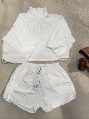 White Cropped Pullover and Running Shorts Set